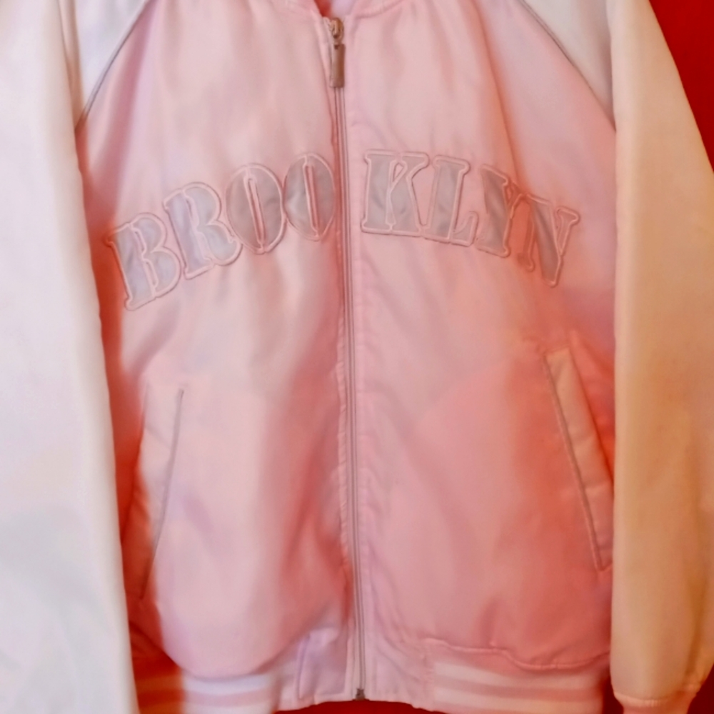 EUC BROOKLYN Pink and white varsity type jacket. Size M..
